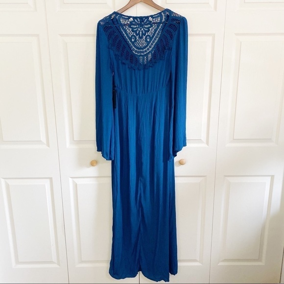 Forever 21 NWT Teal Maxi Long Sleeve Bohemian Lace Dress - Picture 9 of 10
